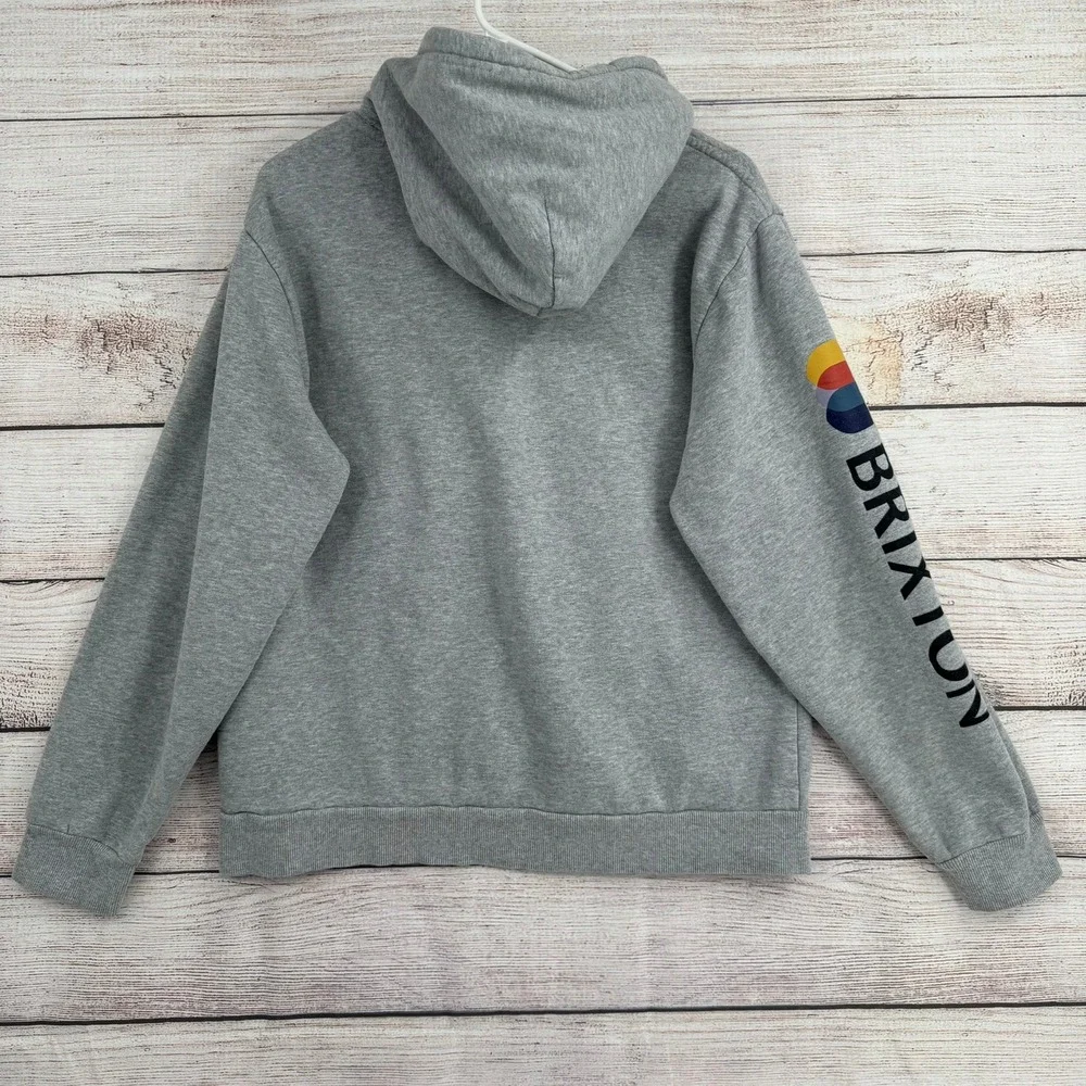 Brixton Hoodie Mens Medium Gray Sleeve Logo‎ Graphic Pullover Fleece Sweatshirt